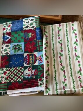 Holiday Patchwork & Holly Stripe fabric, each piece is 1 yard, 2 yards total.